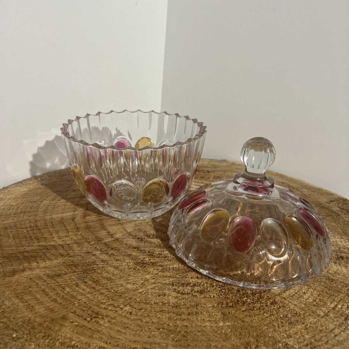 Soga Japan Crystal Lidded Candy Dish Amber Cranberry Glass