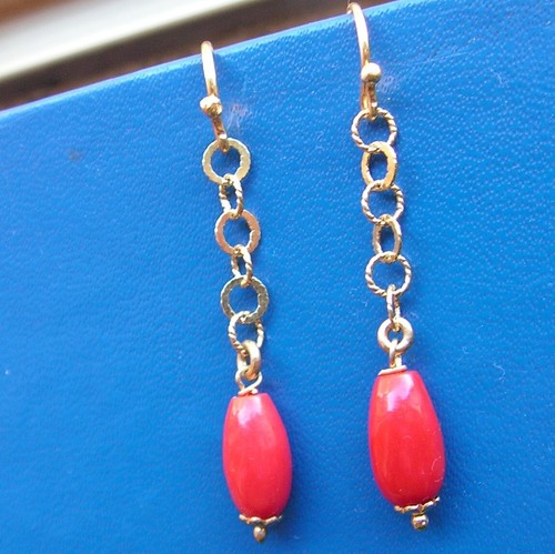 Genuine 100% natural red coral earrings silver gold 24k hoop Dangle Minimalist - Picture 10 of 12