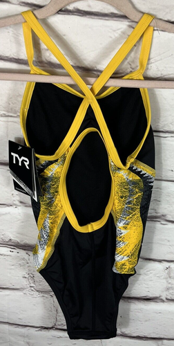 NWT TYR Womens Size 28 Black/Yellow/ White Elite Diamond Fit One Piece Swimsuit - Picture 2 of 4