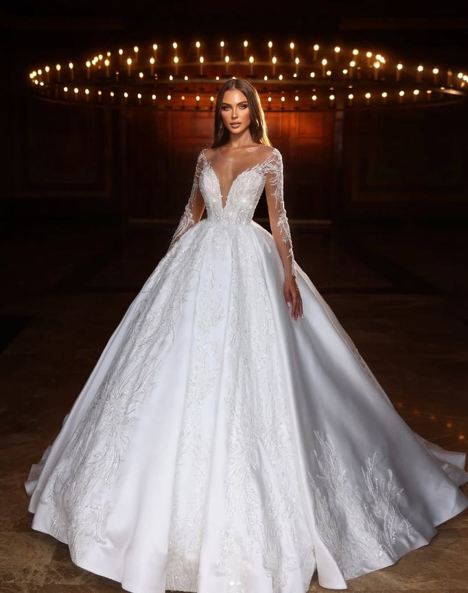 Princess White Satin Wedding Dresses Long Sleeves Lace Appliques Bridal  Gowns