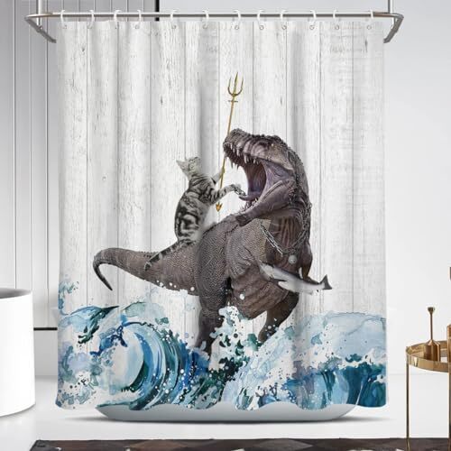 Funny Cat Shower Curtain Dinosaur Kids Fun Cool Boys 60"W x 72"L (Pack of 1) - Picture 2 of 6