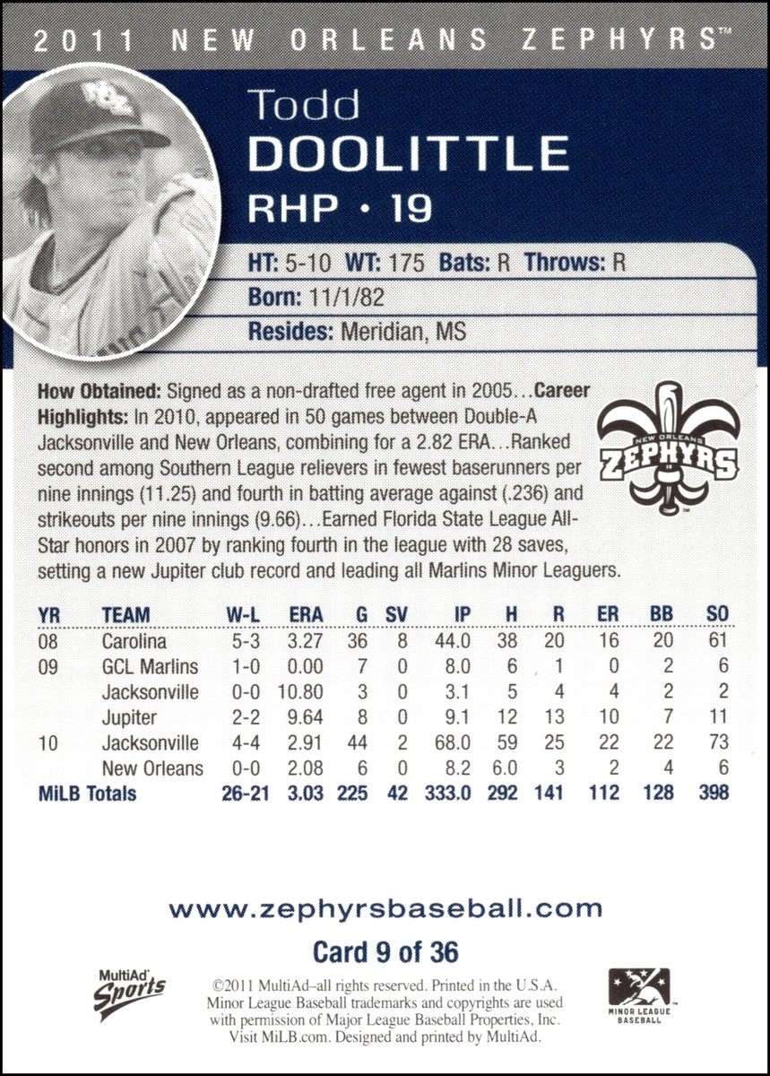 2011 MultiAd New Orleans Zephyrs #9 Todd Doolittle Rookie New