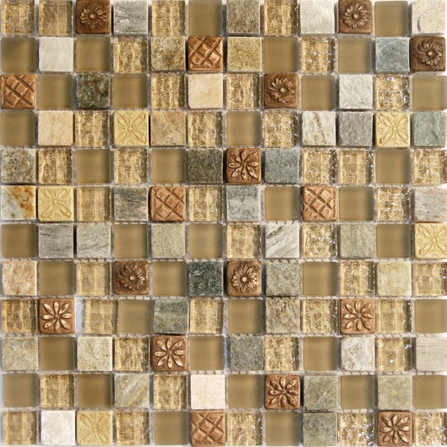 Sample Natural Brown Stone Glass Mosaic Tile Kitchen Backsplash