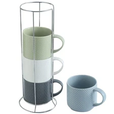 Coffee Mugs Ceramic Set of 4 with Metal Stand 15 Ounce Stackable Porcelain Em...