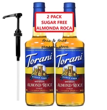 2 PACK TORANI SUGAR FREE ALMOND ROCA SYRUP PLUS FREE SYRUP PUMP Keto Zero Carb