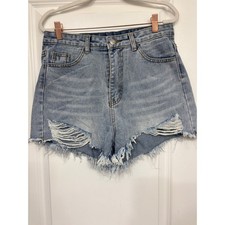 SHEIN Light Wash Distressed High Waisted Denim Shorts Frayed Raw Hem Size M
