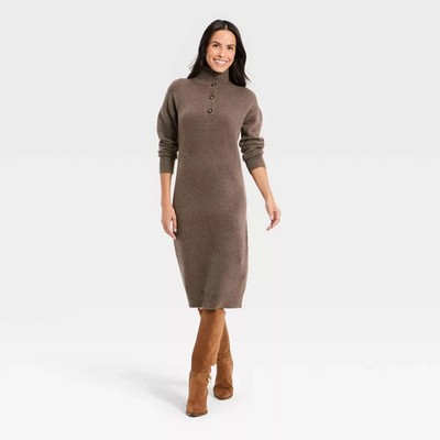 Women's Long Sleeve Midi Sweater Dress - Universal Thread Brown L