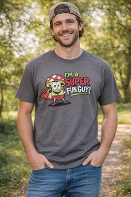 Super Fun Guy Mushroom Graphic T-Shirt XL Gray Funny Tee Novelty Casual Cotton