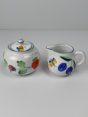 Herend Village Pottery Fancy Fruits Creamer/Sugar Set Handpainted Hungary