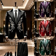 Rhinestone Men Suits Prom 2 Pieces Velvet Tuxedo Luxury Crystal Blazers Wedding