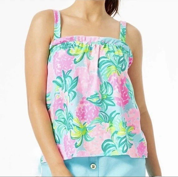 Lilly Pulitzer Jia Tank Blue Ibiza Pineapple Shake Print Top Women’s Size XL