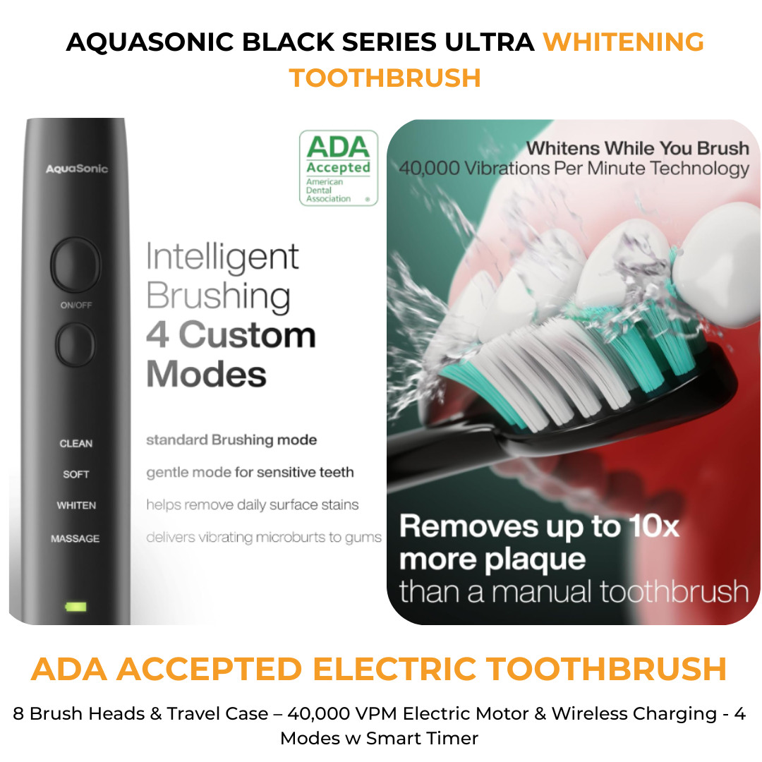 Aquasonic Black Series Electric Toothbrush ADA Accepted 40K VPM Case 8 Heads