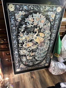 Korean Chinoiserie Screenprint, Peacock Low Folding Tea Table Large