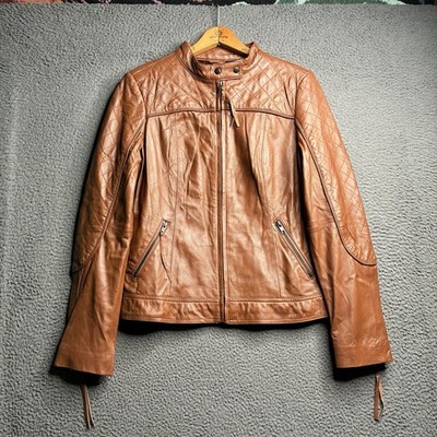 Neiman Marcus Quilted Lamb Leather Cafe Motorcycle Jacket Women Medium Brown