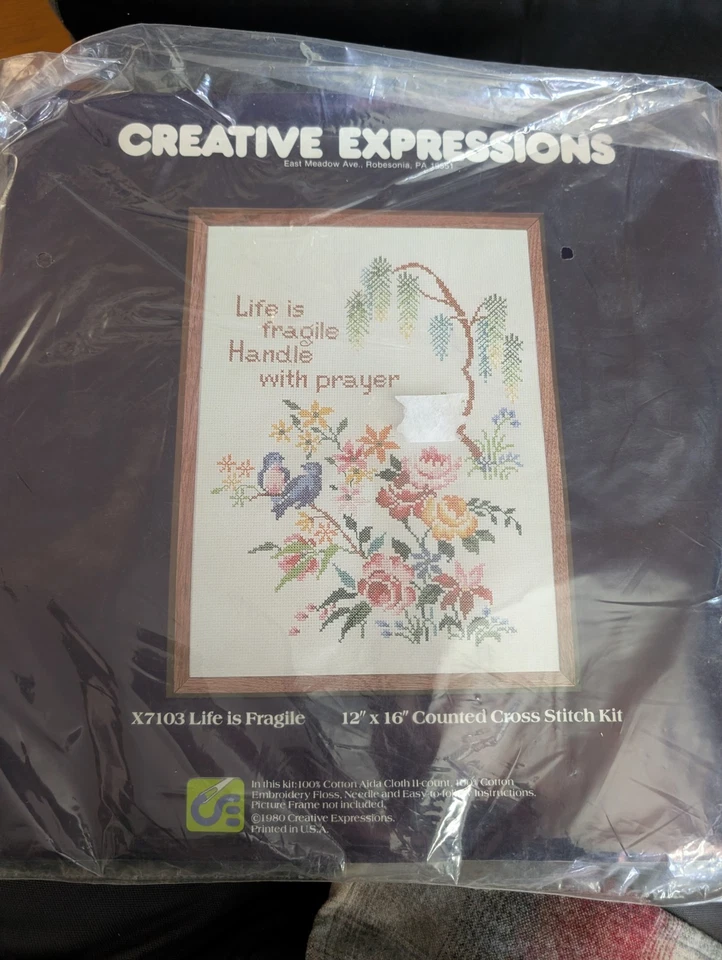 VTG 1980 Cross Stitch Kit X7103 Life Is Fragile Handle With Prayer Birds Floral - Image 2 of 4