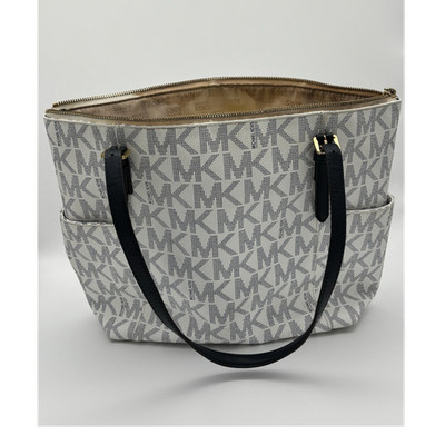 Michael Kors Jet Set Medium Snap Pocket Tote White Navy MK Monogram Bag