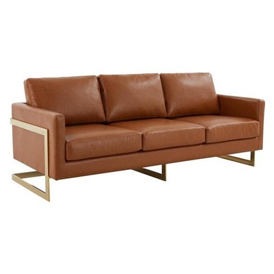 Pemberly Row 83'' Modern Upholstered Leather Sofa in Cognac Tan