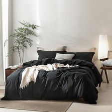 3 Pieces Black Duvet Cover Set Queen Size 90'' L x 90'' W, 100 Washed Cotton