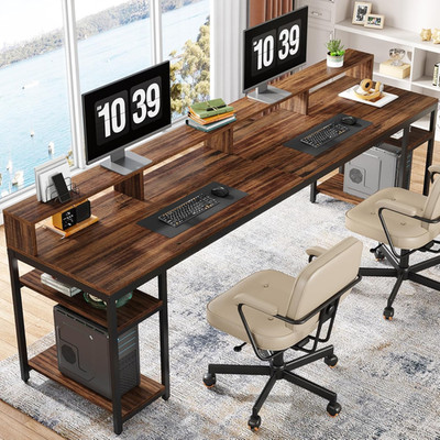 Two Person Desk with Monitor Stand, 78.74'' Long Double Computer Office Desk with