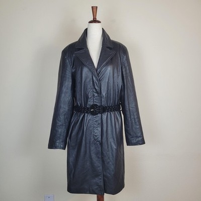 VTG Express Trench Coat Lg Black Leather Belted 90s Retro Minimalist Mid Length