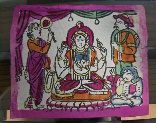 Vintage Nepal Hindu Goddess Folk Art Painting Kathmandu Home Ritual 1967 Hand...