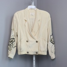 Vintage Cach  100 Silk Jacket Embroidered Sleeves Cream Double Breasted M