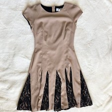 Belle Badgley Mischka Taupe Black Lace Fit Flare Mini Dress
