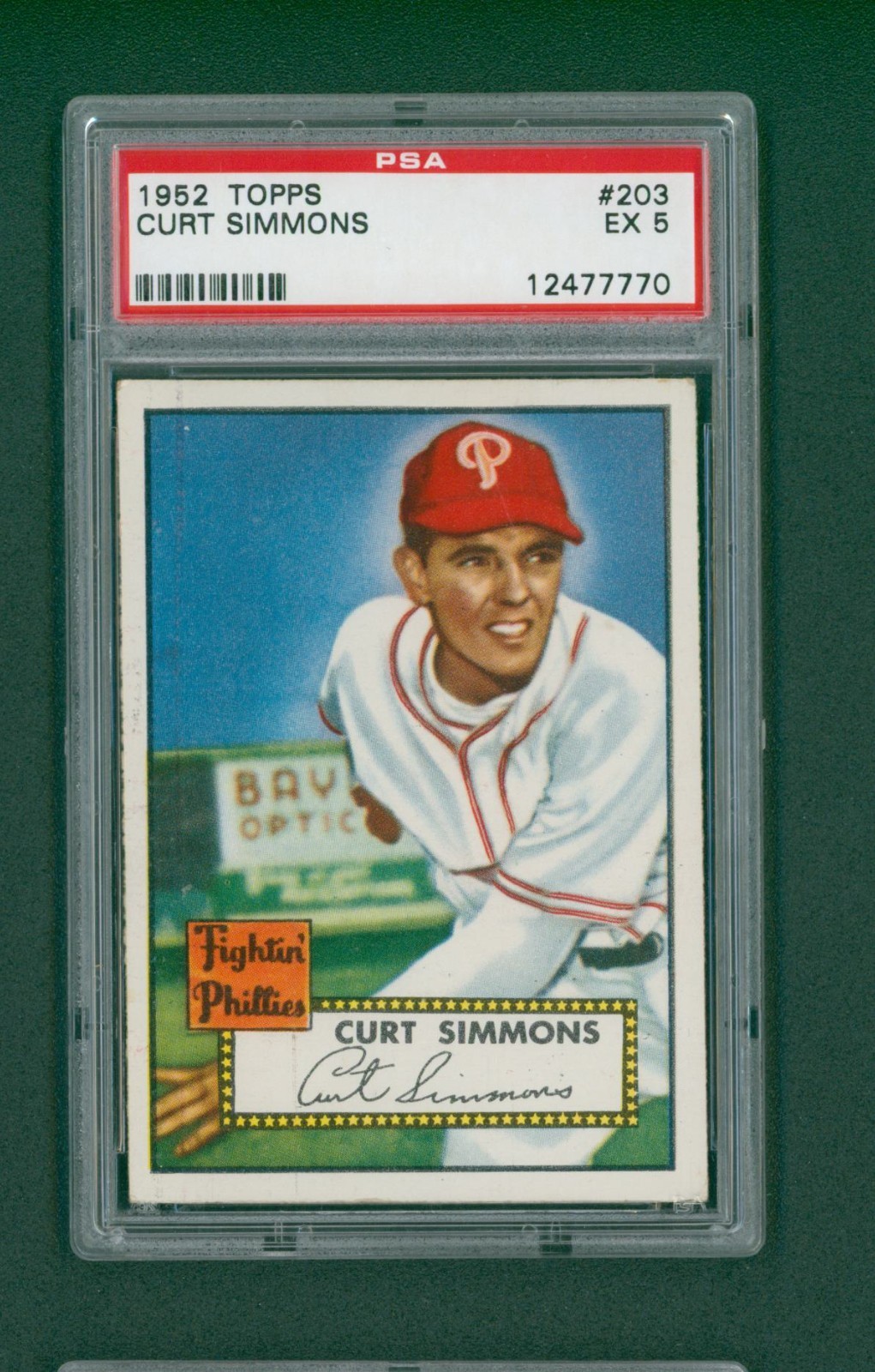 1952 Topps Baseball Card - #203 Curt Simmons, PSA 5 EX