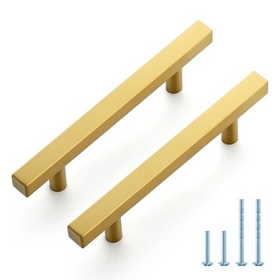 10 Pack 3-3/4 Inch Brushed Brass Square Cabinet Handles 6 Inch Overall Length