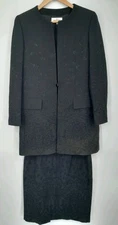 Womens Valentino Miss V Wool Blend Collarless Two Piece Skirt Suit Black