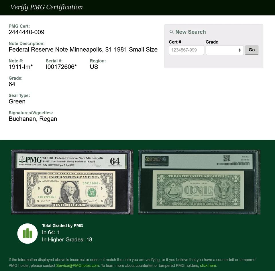 1981 $1 MINNEAPOLIS MULE STAR NOTE PMG 64 From 8K Print Group Fr 1911-Im* FRN - Image 4 of 4