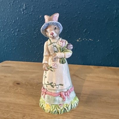 Vintage Porcelain Easter Bunny Figurine Bell Victorian Rabbit Lady Flowers 1980s