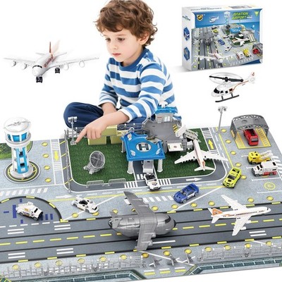 Airplane Toy Set with Trucks, Helicopter, Planes and Playmat, Airport Aviation T
