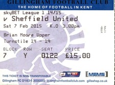 Gillingham v Sheffield United 07/02/15 Ticket League 1