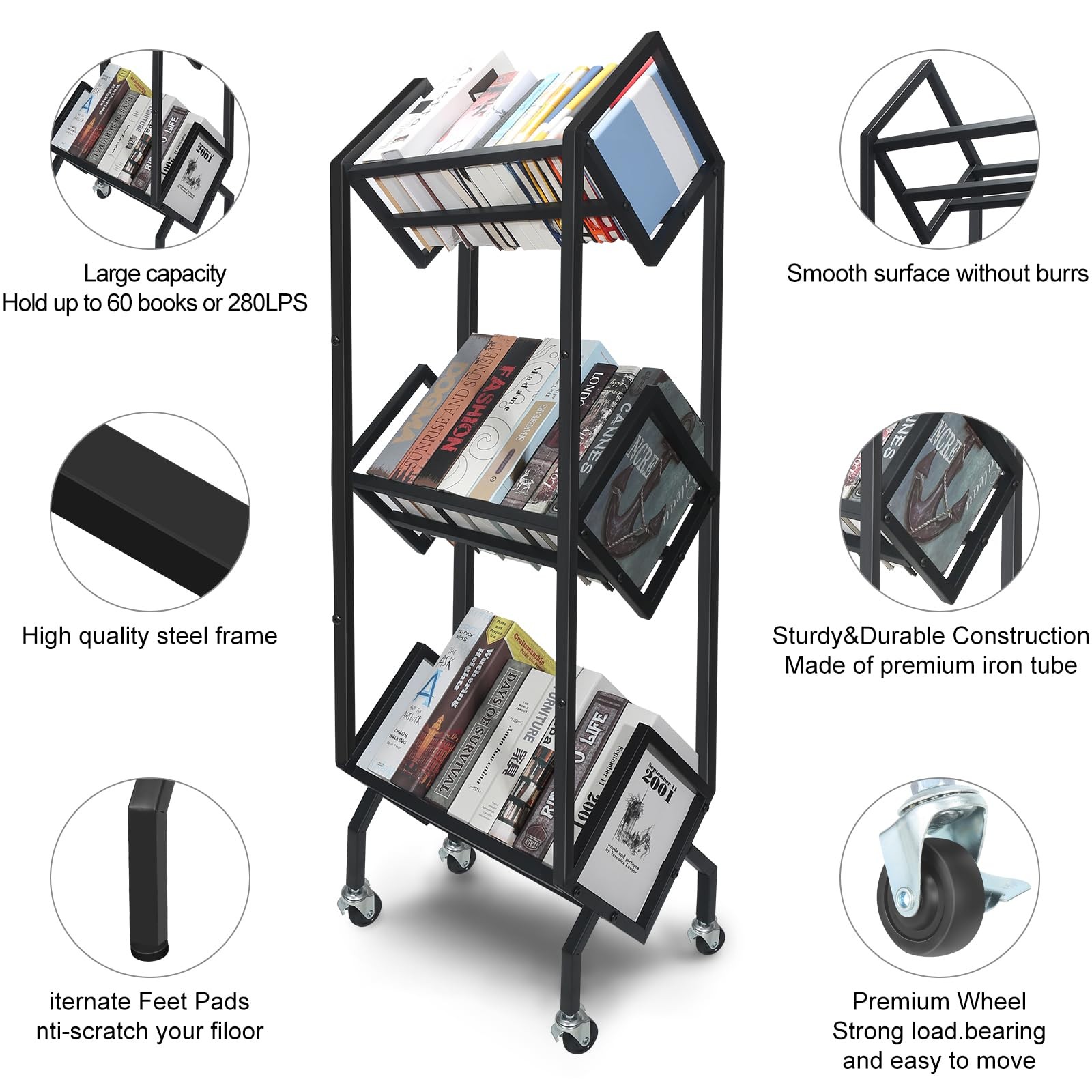 360°Rotation Wheels 3-Tier Metal Book Carts Used for Study Rooms Living