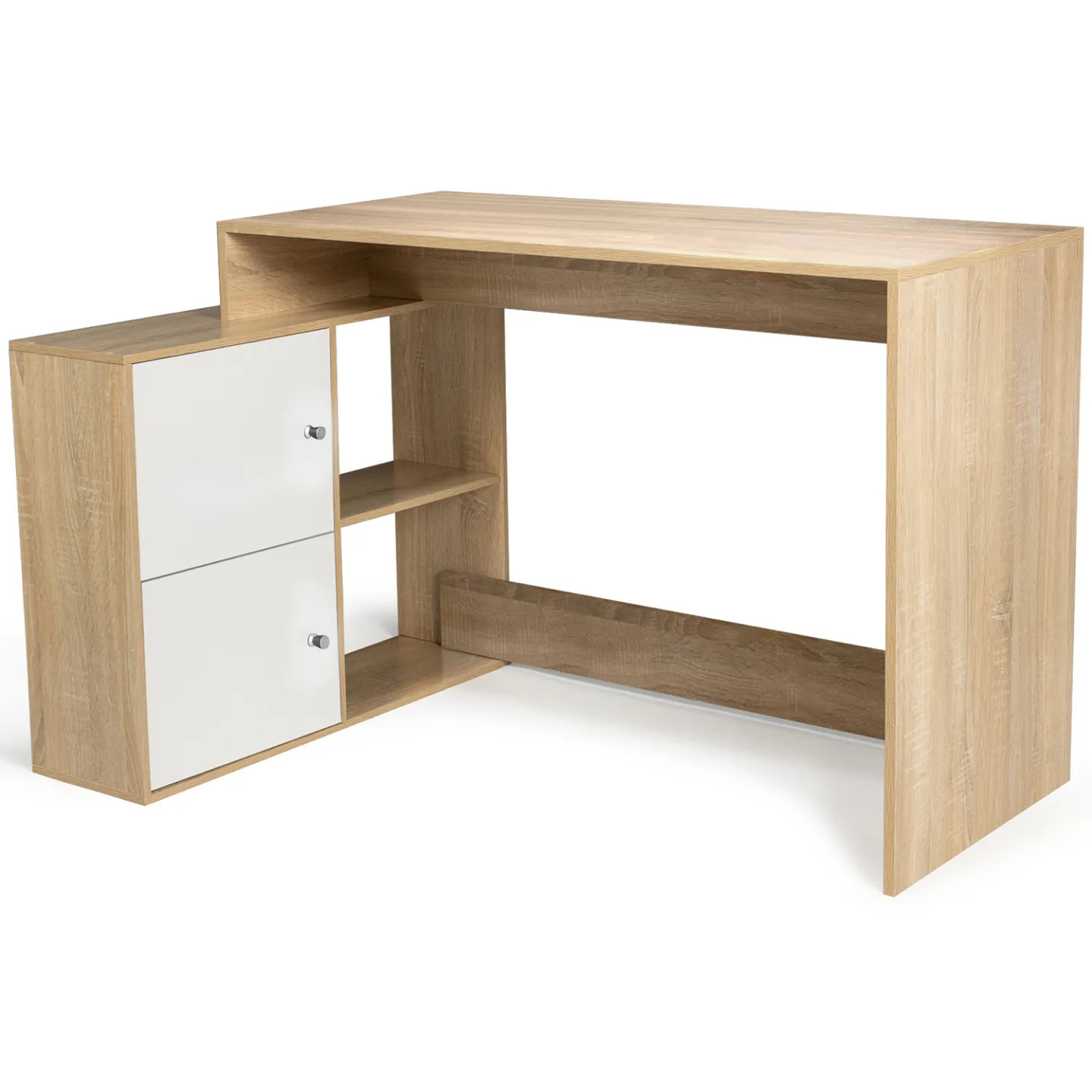 Bureau d'angle en forme de L BOB avec placards bois hêtre et blanc