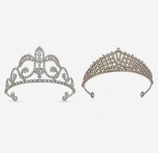 Set of 2 Metal Silver Tone Rhinestone Tiaras Princess Queen Costume Tea Party