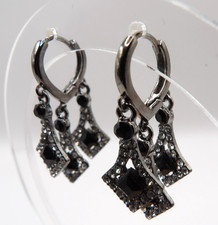 Rhombus Shape Black Zircon Decor Dangle Earrings Retro Elegant Style Alloy Jewel