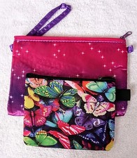 2 Makeup Bags Zipper Top 2 Butterflies  Purple Stars Small Organizers Pouch New