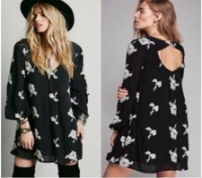 Free people austin mini Dress womens small black embroidered floral keyhole rose