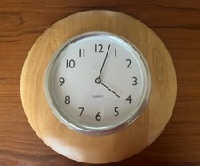 Quartz Round Wall Clock Pale Wood Pine? White Face Black Hands & Numbers 30cm