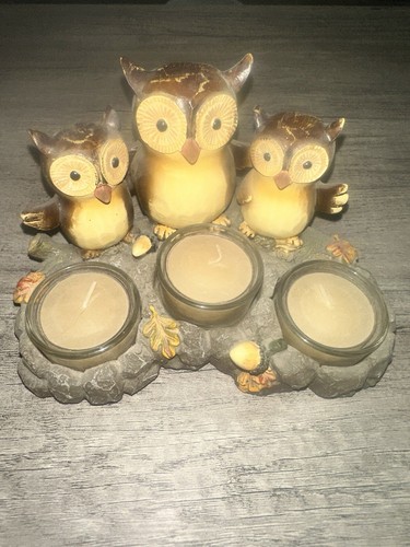 2011 Yankee Candle Triple Owl 3 Tea-Light Candle Holder Brown Autumn Leaves - Picture 5 of 6