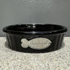 PetRageous Oval Cat Food Water Bowl Stoneware Black Silver Medallion Fish MEOW