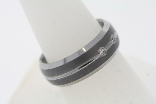 Triton 8mm Tungsten 3 Diamond Satin Grooved Center Polish Beveled Edge Band Ring - Picture 5 of 8