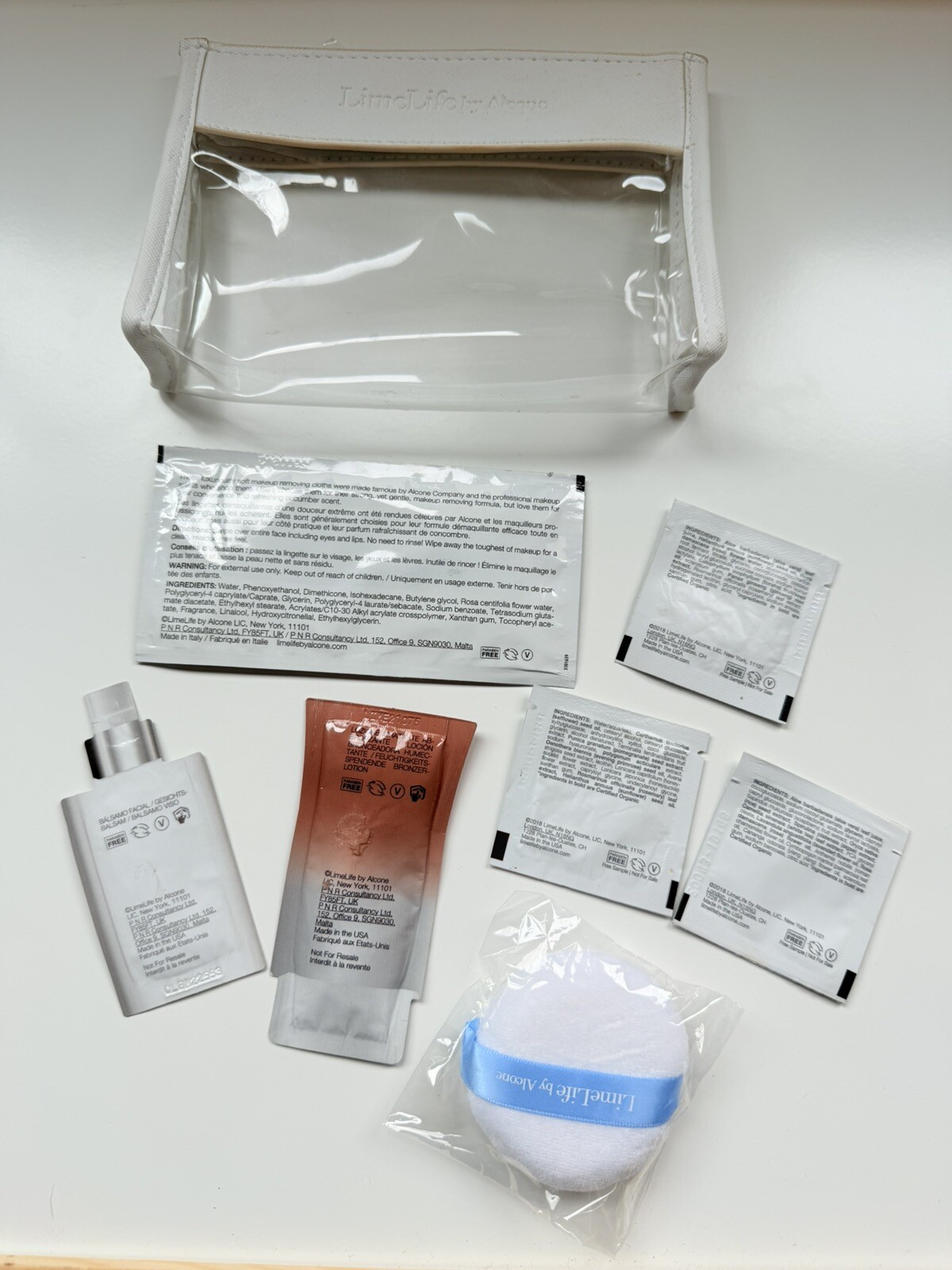 LimeLife by Alcone Travel Set Makeup Remover Cloth Moisturizer Puff Bag