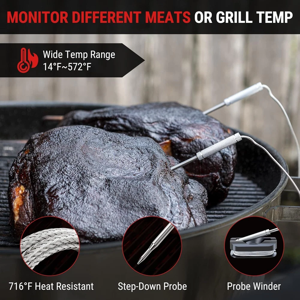 Wireless Meat Thermometer of 650FT for Smoker Oven, Bluetooth Grill Thermometer