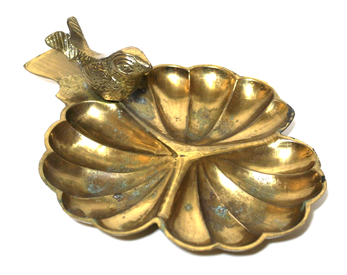 Vintage Brass Trinket Dish Catch-All Tray Metal Flower with Bird