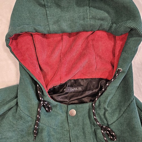 Zaful L Color Block Courduroy Hoodie Ribbed Jacket Snap Yellow Red Green Puff - Picture 3 of 7