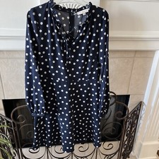 Ann Taylor LOFT Blue Polka Dot Long Sleeve Dress Sz 8 Ruffle Neck With Tie