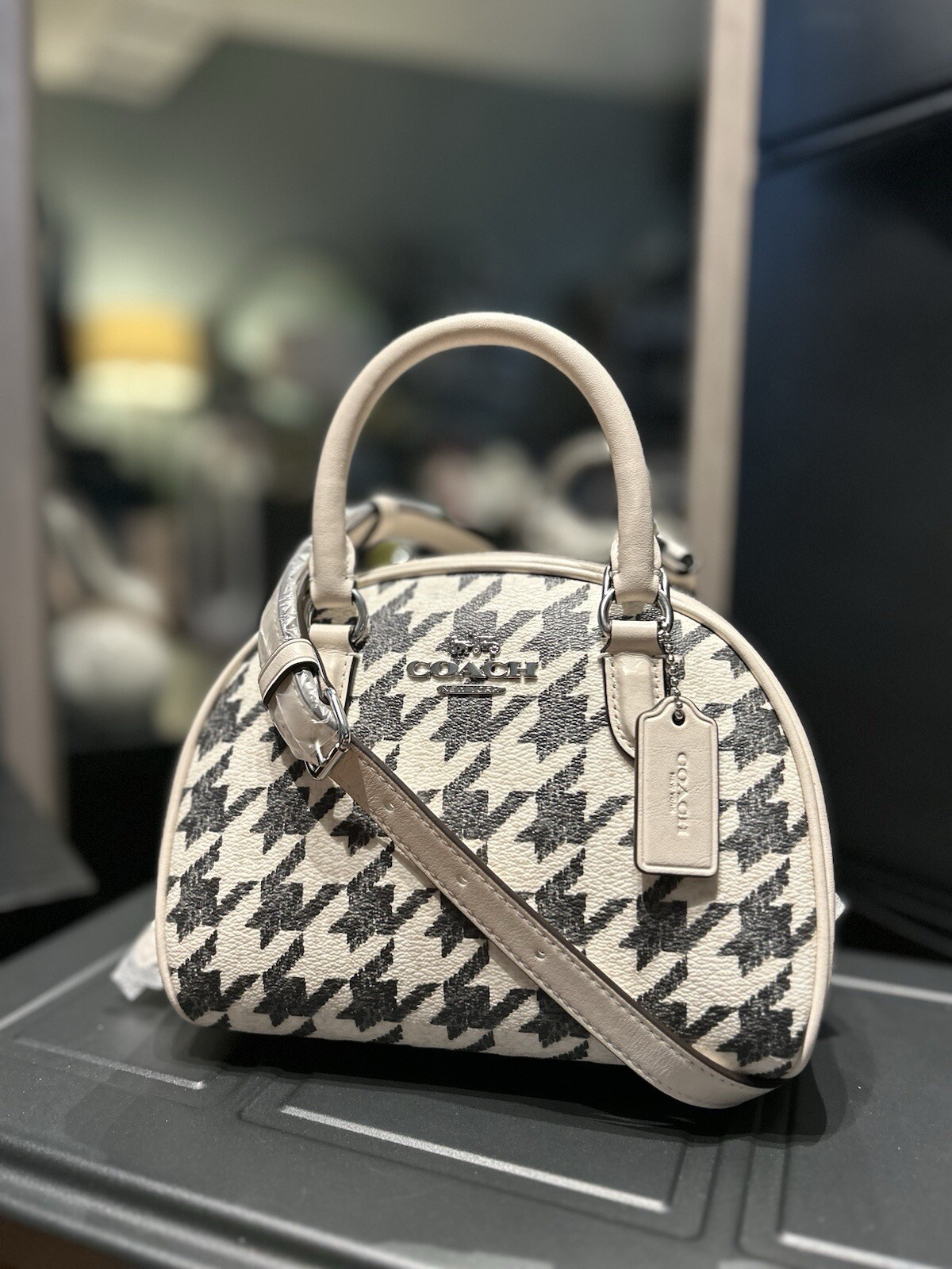 NWT Coach CJ628 Sydney Satchel with Houndstooth Print Canvas&Leather Cream/Black image 3